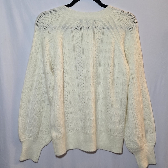 O.P.T Cream Wool Mohair Blend Open Pointelle Knit Balloon Sleeve Sweater, sz L - Picture 7 of 7